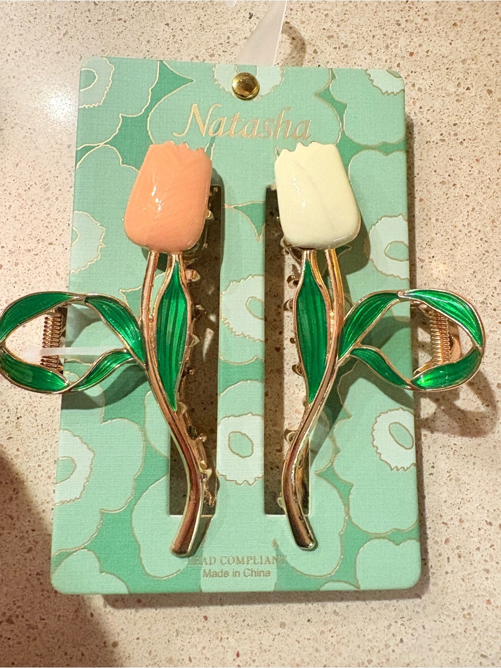 Natasha Couture Peach and Cream Tulip Brooch Set with Green Enamel Leaves